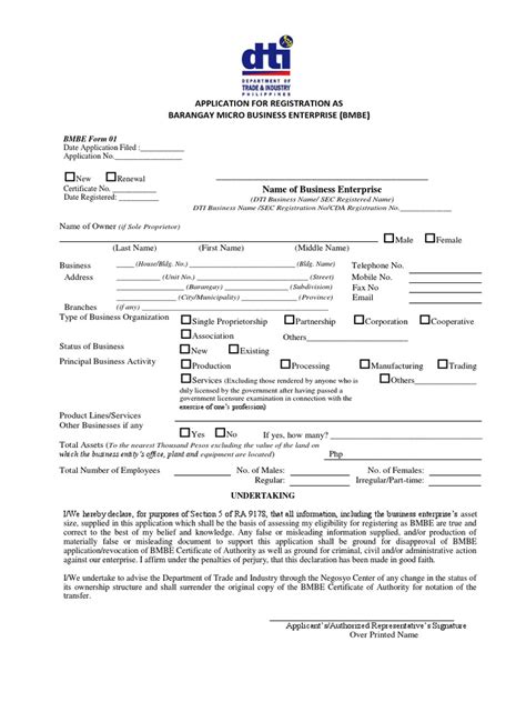 dti bmbe online application|BMBE Form 01.
